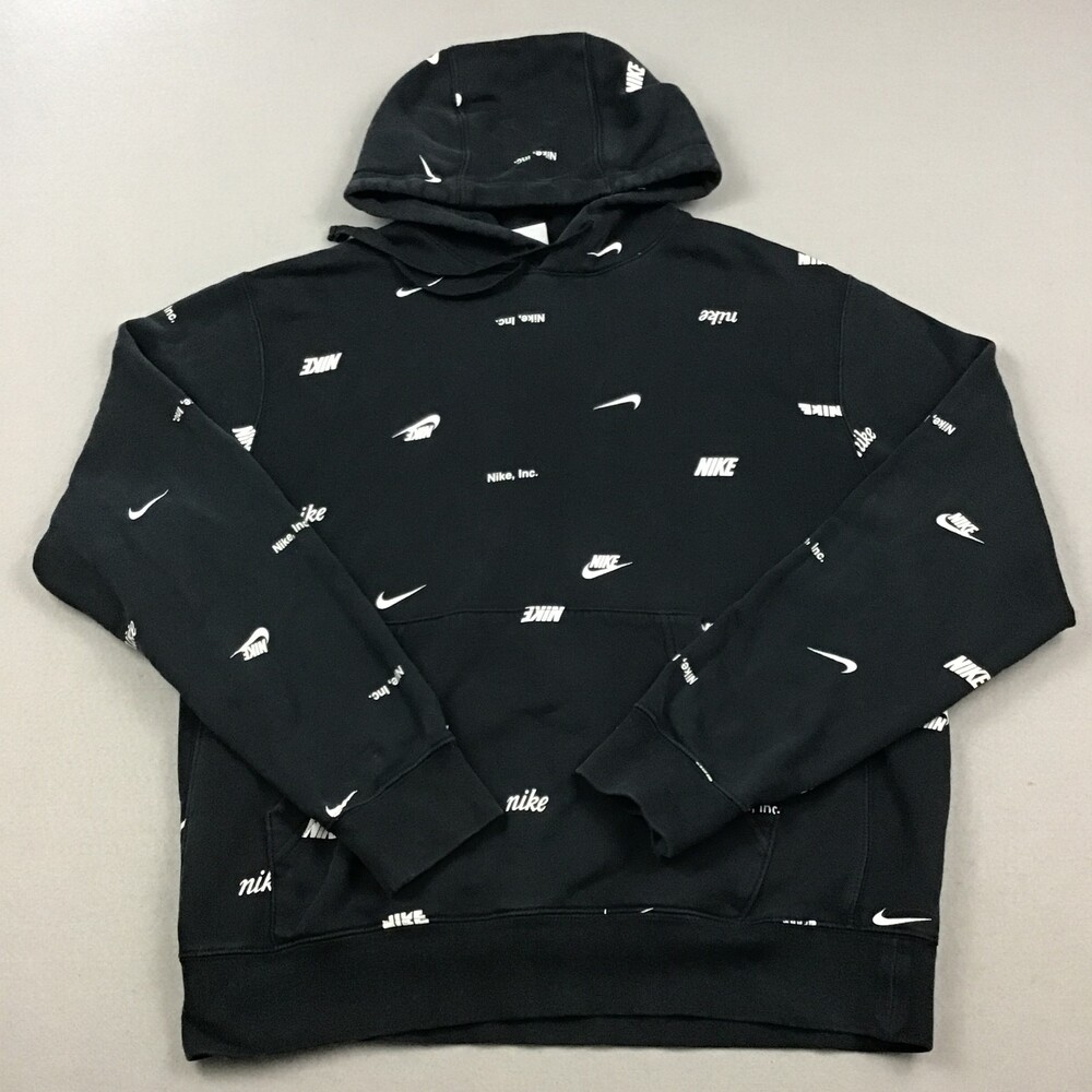 Nike Hoodie Men Medium Black Allover Print Swoosh Fleece Pullover Sweatshirt M